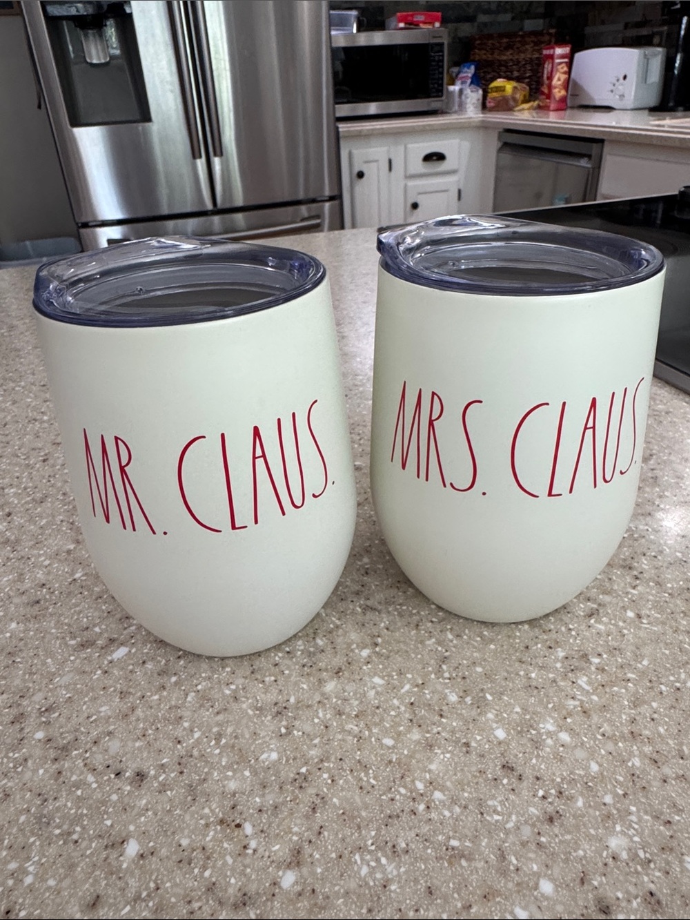 Rae Dunn Cream Insulated WineTumblers with Red "Mr. Claus" and "Mrs. Claus" Text